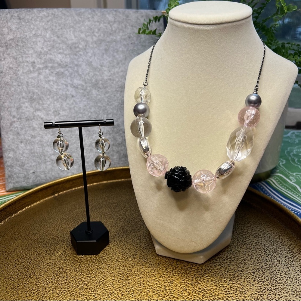 Statement Bead Necklace & Earring Set Clear Pink Gray Black Mixed Beads - Picture 3 of 5